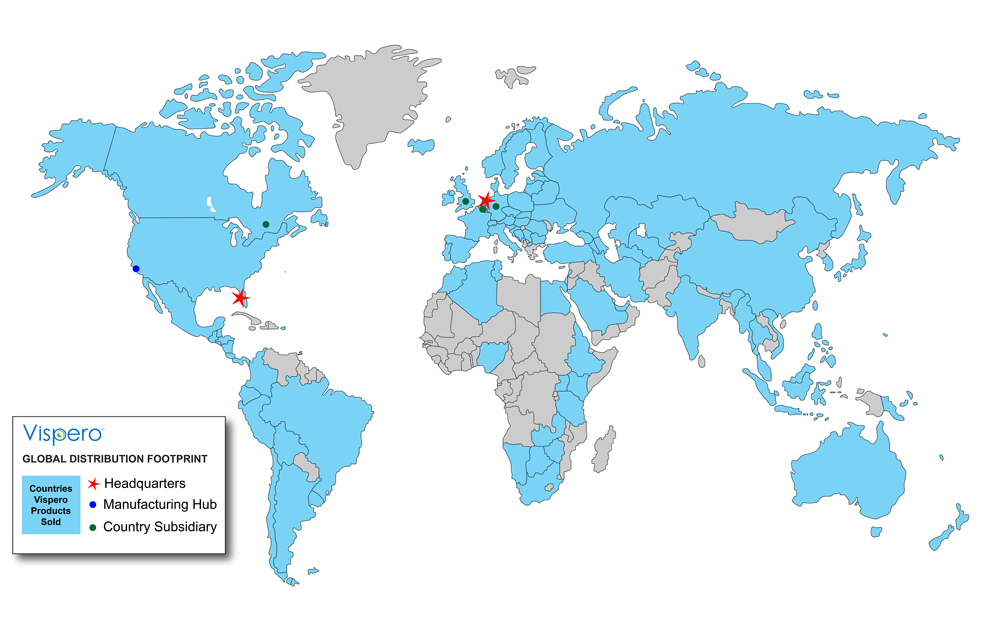 world map showing Vispero global distribution footprint and office locations.