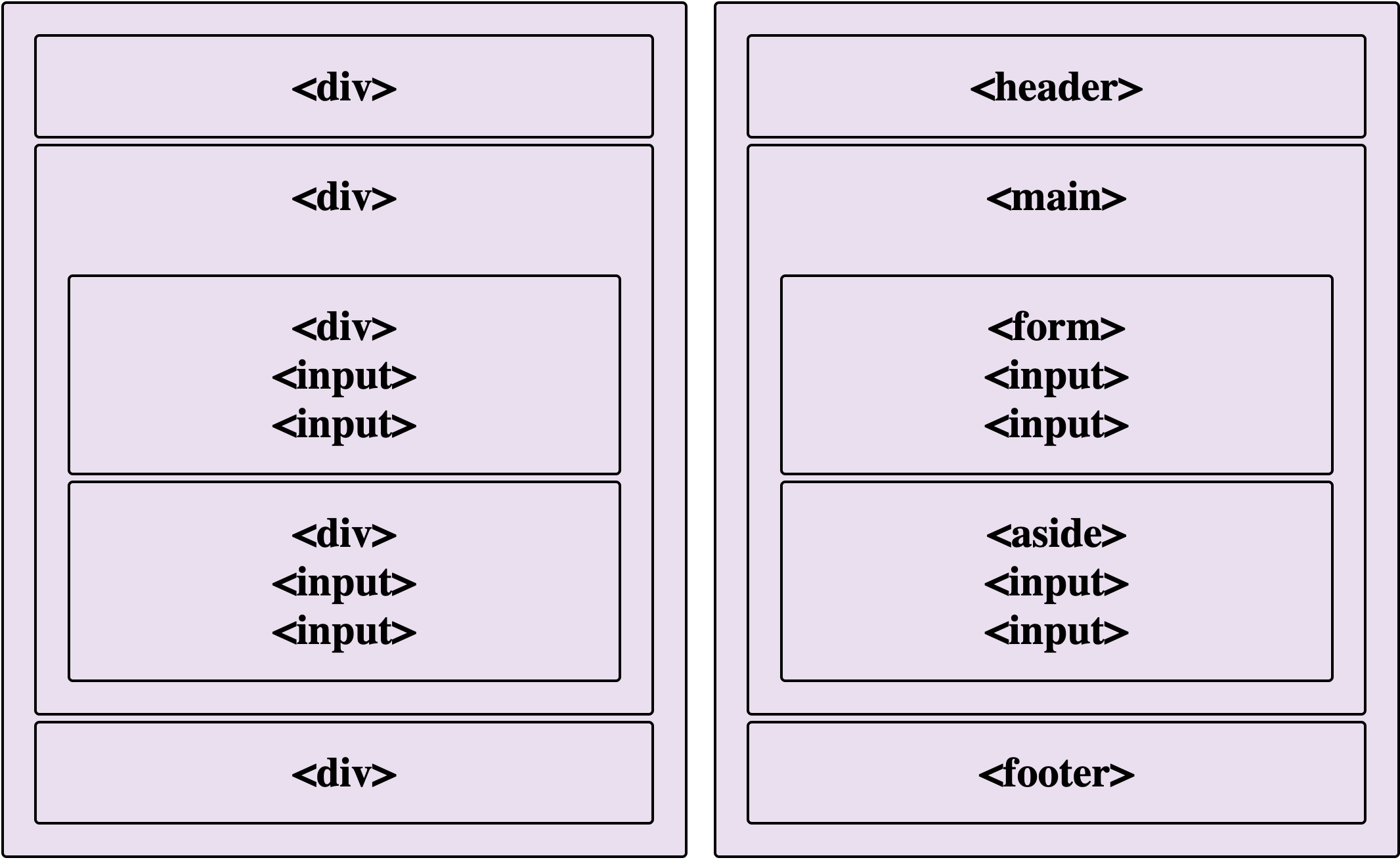 Two web layouts shown side-by-side. On the left: a structure conprising div elements. On the right: the same layout but with semantic HTML elements