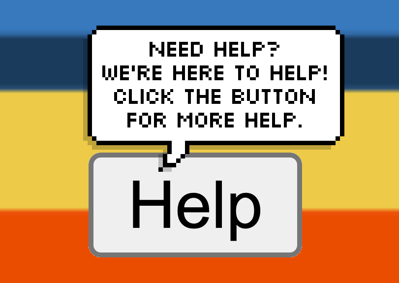 A button visibly labelled 'Help' has a speech bubble overlayed with a much more verbose description which would be exposed to assistive technology users: 'Need help? We are here to help! Click the button for more help.'