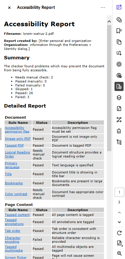 The Accessibility Report as it appears in the right panel of Acrobat.