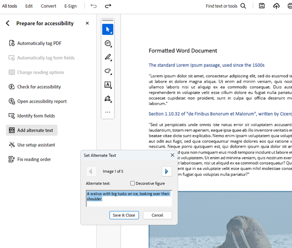 The Prepare for Accessibility menu with the Add Alternate Text option highlighted and the Set Alternate Text dialog open with options highlighted.