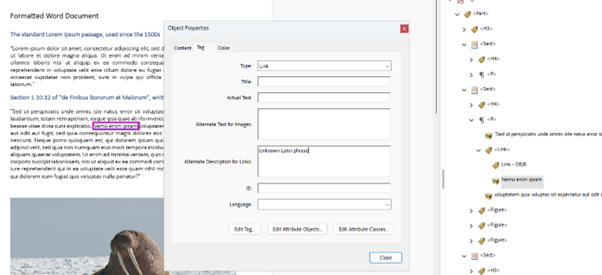 The Accessibility Tags panel open with a text tag highlighted, with the Object Properties for that tag open and the Images and Links alt text properties highlighted.