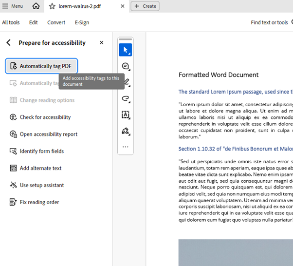 The Prepare for Accessibility menu with Automatically tag PDF highlighted
