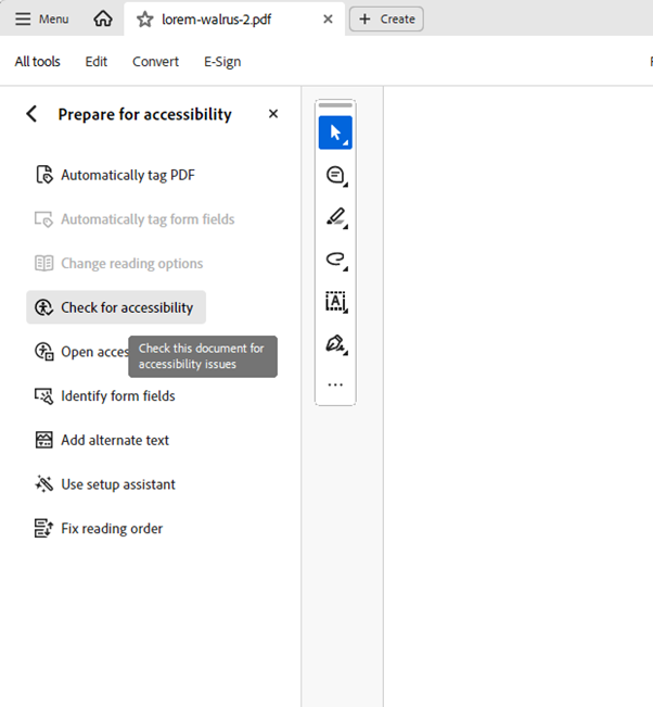The Prepare for Accessibility menu with Check for Accessibility highlighted