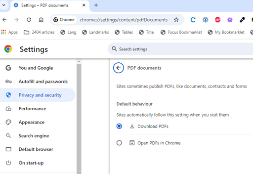 Screenshot of Chrome settings to open PDF documents in a standalone reader app