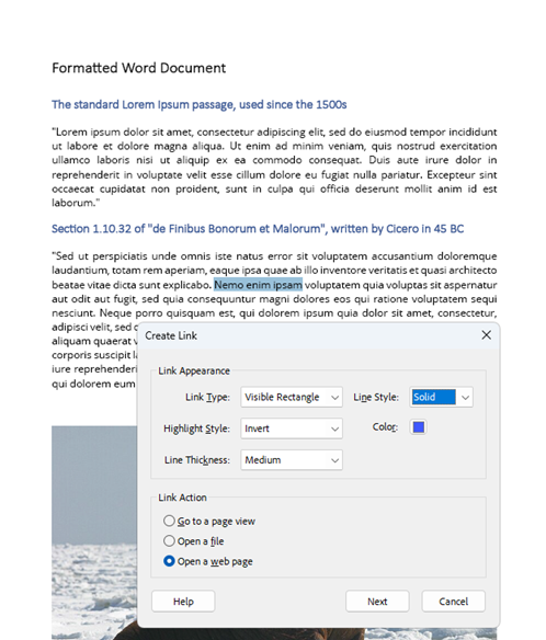 The Create Link dialog open for a sample page with options highlighted.