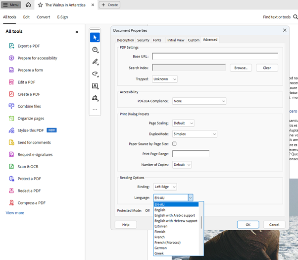 The Document Properties dialog open with the Language property highlighted