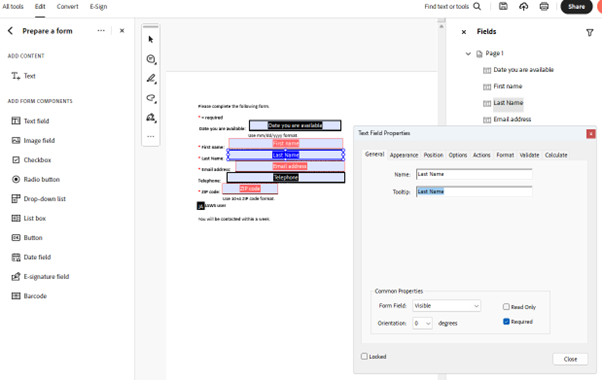 The Text Field Properties dialog for a form field open with the Tooltip property highlighted.