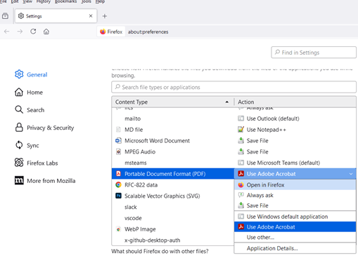Screenshot of Firefox settings to open PDF documents in a standalone reader app