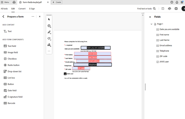 The Prepare a Form menu highlighted with the Fields panel open