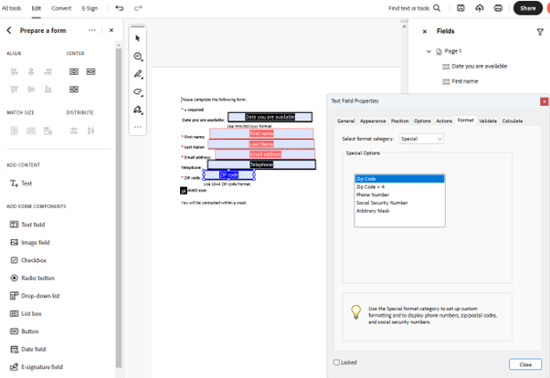 The Text Field Properties dialog for a zip code field with the Format options highlighted.