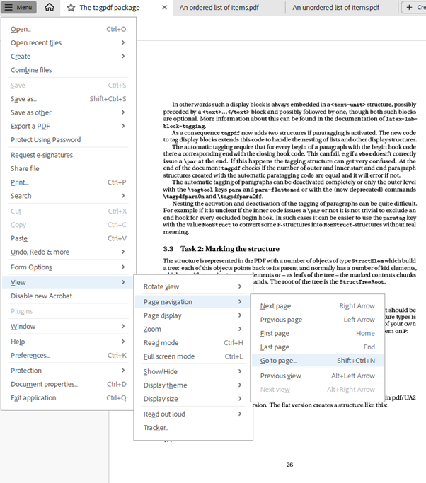 The menu structure for reaching the Go To Page dialog, with options highlighted.