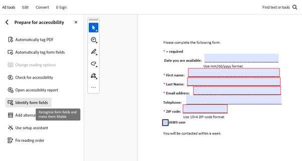 The Prepare a Form menu open for a sample form, with the Identify Form Fields option highlighted.