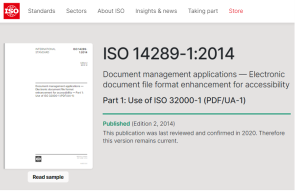 Screenshot of ISO web page showing Standard 14289