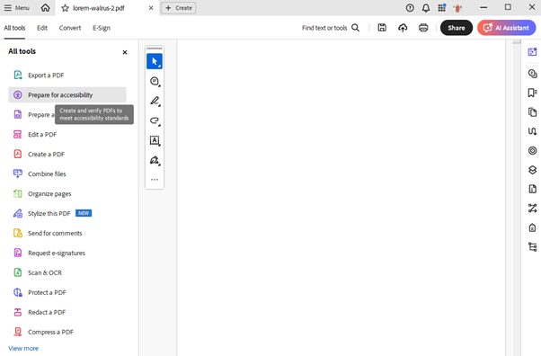 Screenshot of the Acrobat Pro All Tools menu, with Prepare for Accessibility highlighted