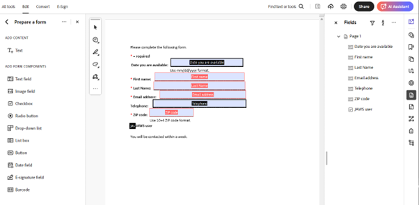 The Prepare a Form menu and the Fields panel open for a sample form.
