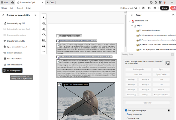 The Fix Reading order menu option highlighted, with the Reading Order dialog open