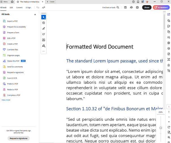 A PDF document where text has been resized to 200% and runs out of the viewport.