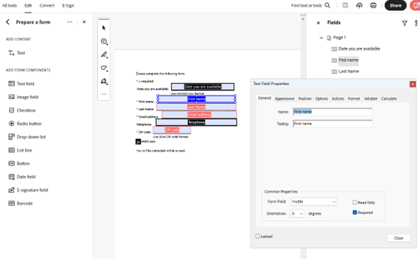 The Text Field Properties dialog for a sample form with the checked Required option highlighted.