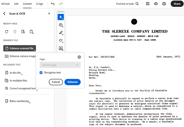 The Scan & OCR menu open with Enhance Scanned File option highlighted and the Pages dialog open with Recognize Text highlighted.