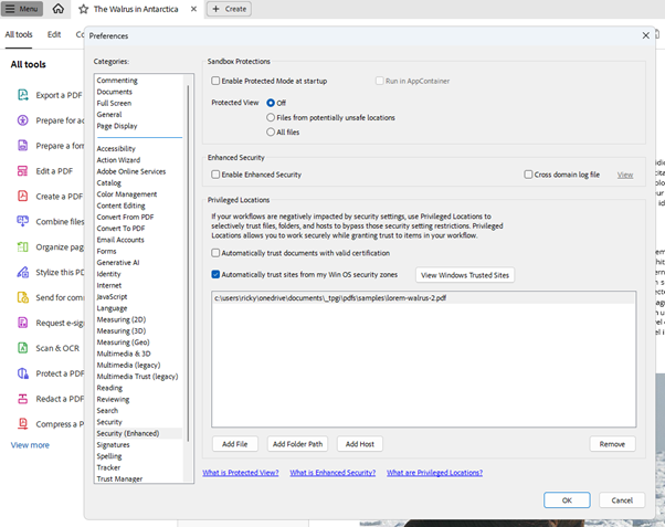 The Preferences dialog open with Security options highlighted