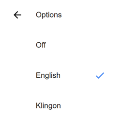 screenshot of the languages options for a video, including English and Klingon