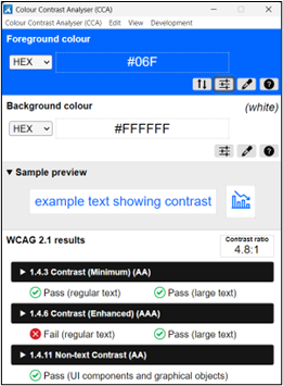 Screen shot of Colour Contrast Analyser showing a contrast pass