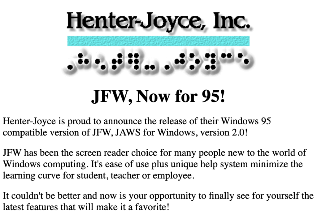 Press release screenshot announcing JAWS for Windows 95 compatibility.