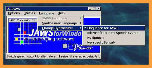 JAWS for Windows interface showing synthesizer selection menu with Eloquence chosen.