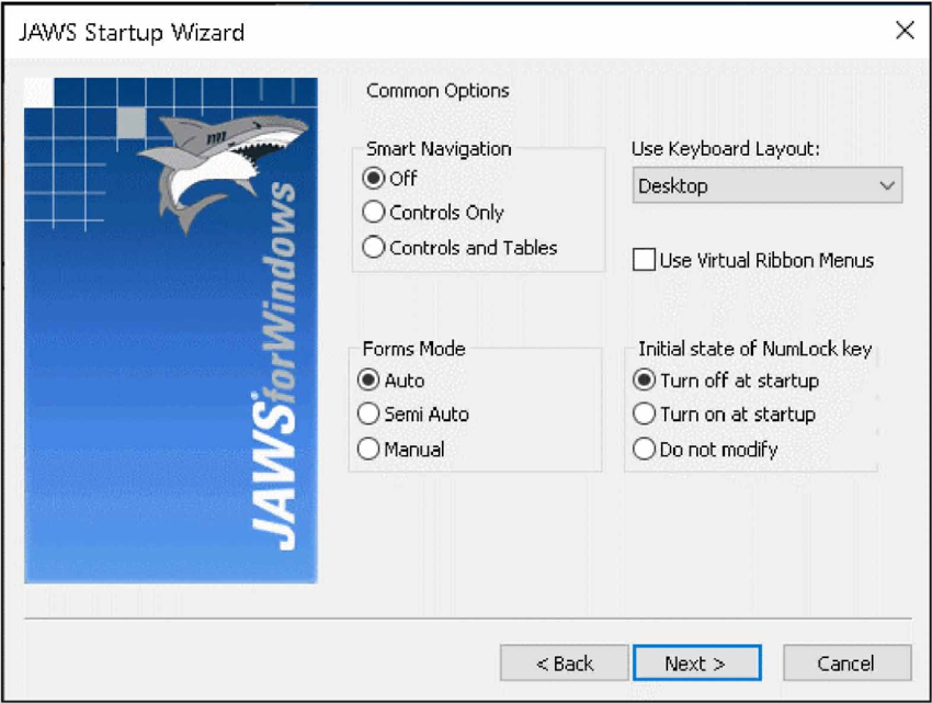 JAWS Startup Wizard dialog showing navigation, forms, and keyboard options.