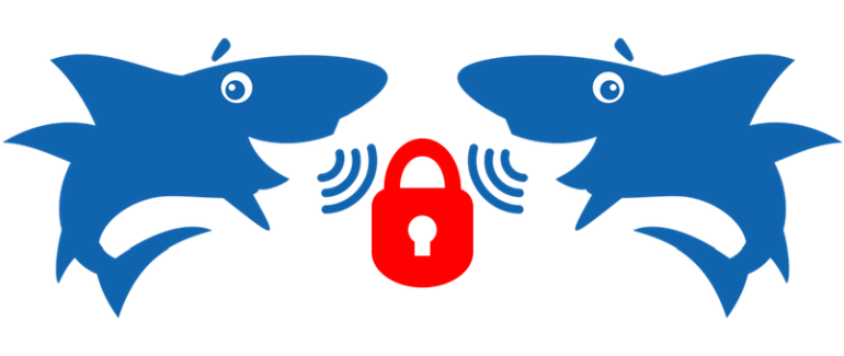Two JAWS shark logos with a red padlock and radio waves.