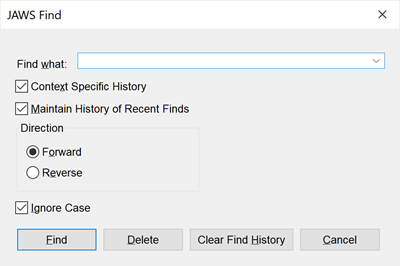 JAWS Find dialog with history, direction, and ignore-case options.