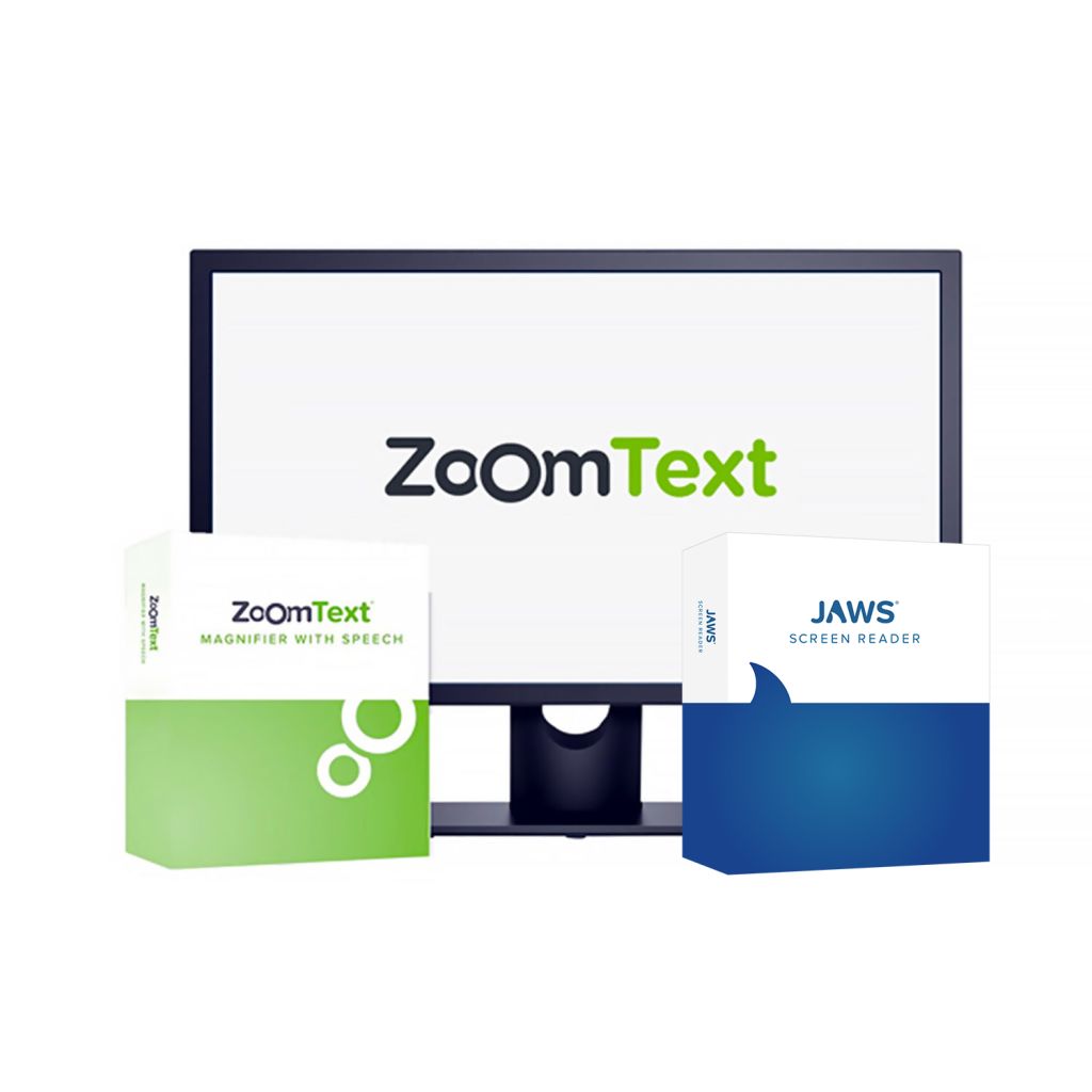 ZoomText and JAWS product boxes beside a monitor showing the ZoomText logo.