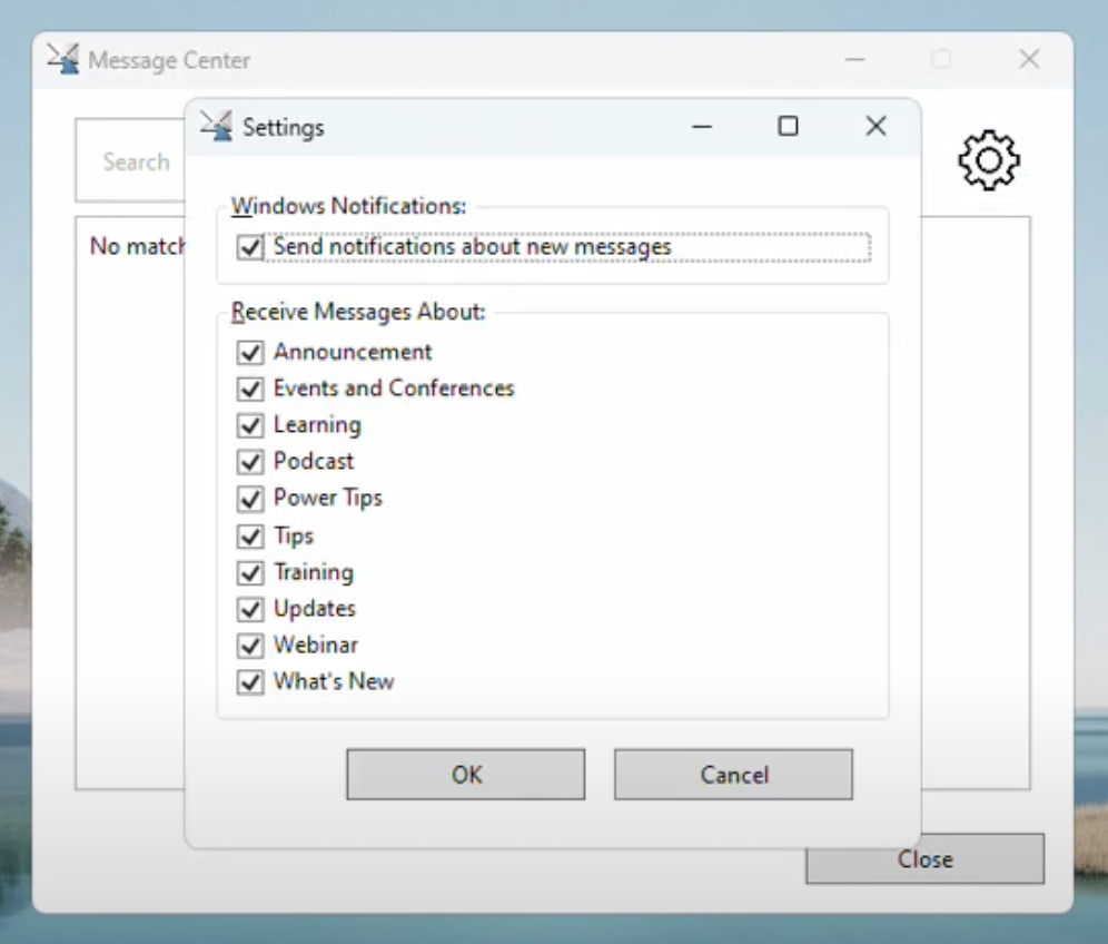 JAWS Message Center settings window with notification categories checkboxes.