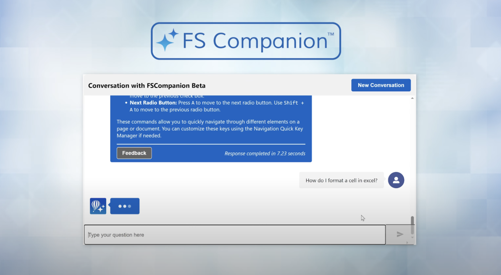 FS Companion chat interface answering ‘How do I format a cell in Excel?’