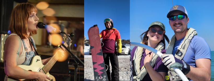 3 images, left to right; 1. A profile view of Meagan singing an original song while playing her light green Gretsch electric semi-hollow guitar. Her hair is a reddish-brown bob with bangs, and she is wearing a white tank top with light blue overalls. A butterfly and swallow bird tattoo can be seen on her right arm. 2. Meagan, smiling, wearing a pink snowboard helmet and goggles with a multi-colored winter jacket, holding up and pink and orange Burton snowboard in the Bolton Valley ski resort parking lot in Vermont. 3. Megan sailing with a friend.