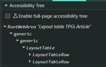 Accessibility Tree showing LayoutTable as a sub-branch of RootWebArea