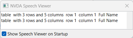 NVDA speech viewer describing two tables with the same apparent data.