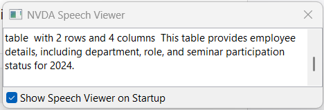 NVDA speech viewer describing a table, including the table description.
