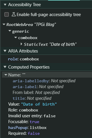 Screenshot of computed properties for Date of Birth dialog showing no accessible name
