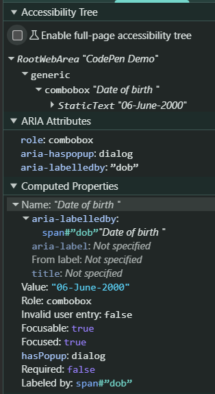 Screenshot of computed properties for Date of Birth dialog showing accessible name