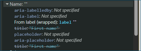 Screenshot of an element's computed properties showing no accessible name