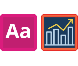 Pink square with the letters 'Aa' next to a bar chart with an upward-trending arrow