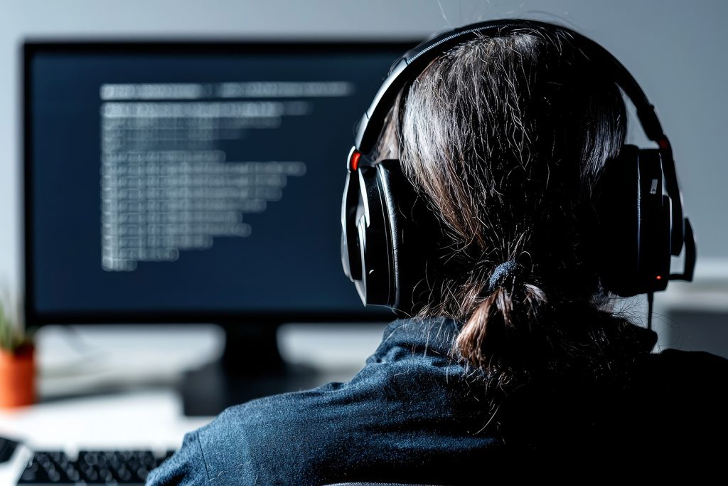 Blind user navigating computer tasks through braille device and screen.