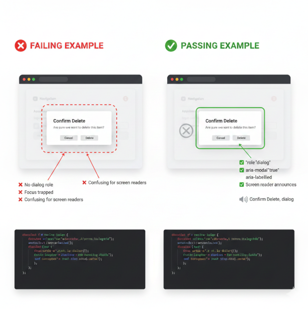 visual comparison of failing example due to incorrect ARIA roles and passing example