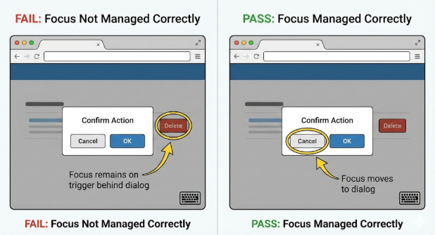 visual comparison of failing example due to incorrect focus management and passing example