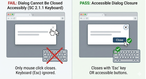 visual comparison of failing example due to inaccessible dialog closure and passing example