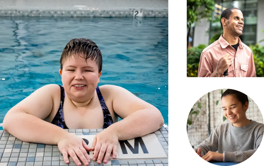 Collage of images: 3 visually impaired smiling people; 2 woman and 1 man.