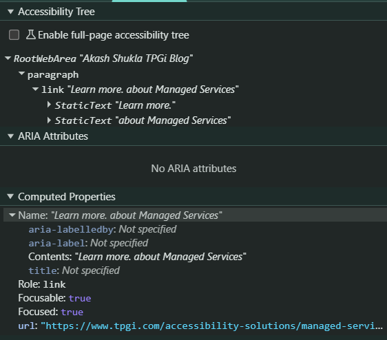 Accessibility Tree showing extra text exposed to screen reader