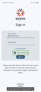 Screenshot of the demo app with a green outline around the 'Remember me' checkbox and label